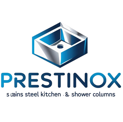 PRESTINOX logo with a kitchen sink design on a light gray background
